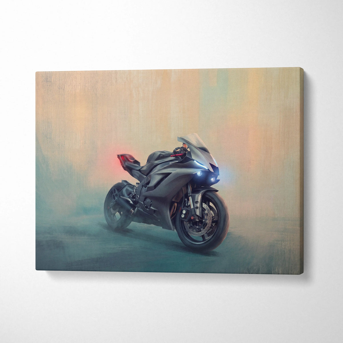 A sleek black and silver yamaha r6 inspired sport motorcycle wall art with carbon fiber texture and glowing headlights