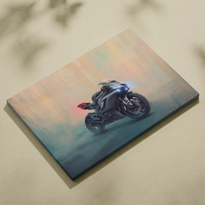 Yamaha R6 inspired carbon fiber poster featuring a sleek black motorcycle with glowing blue headlights and red taillights