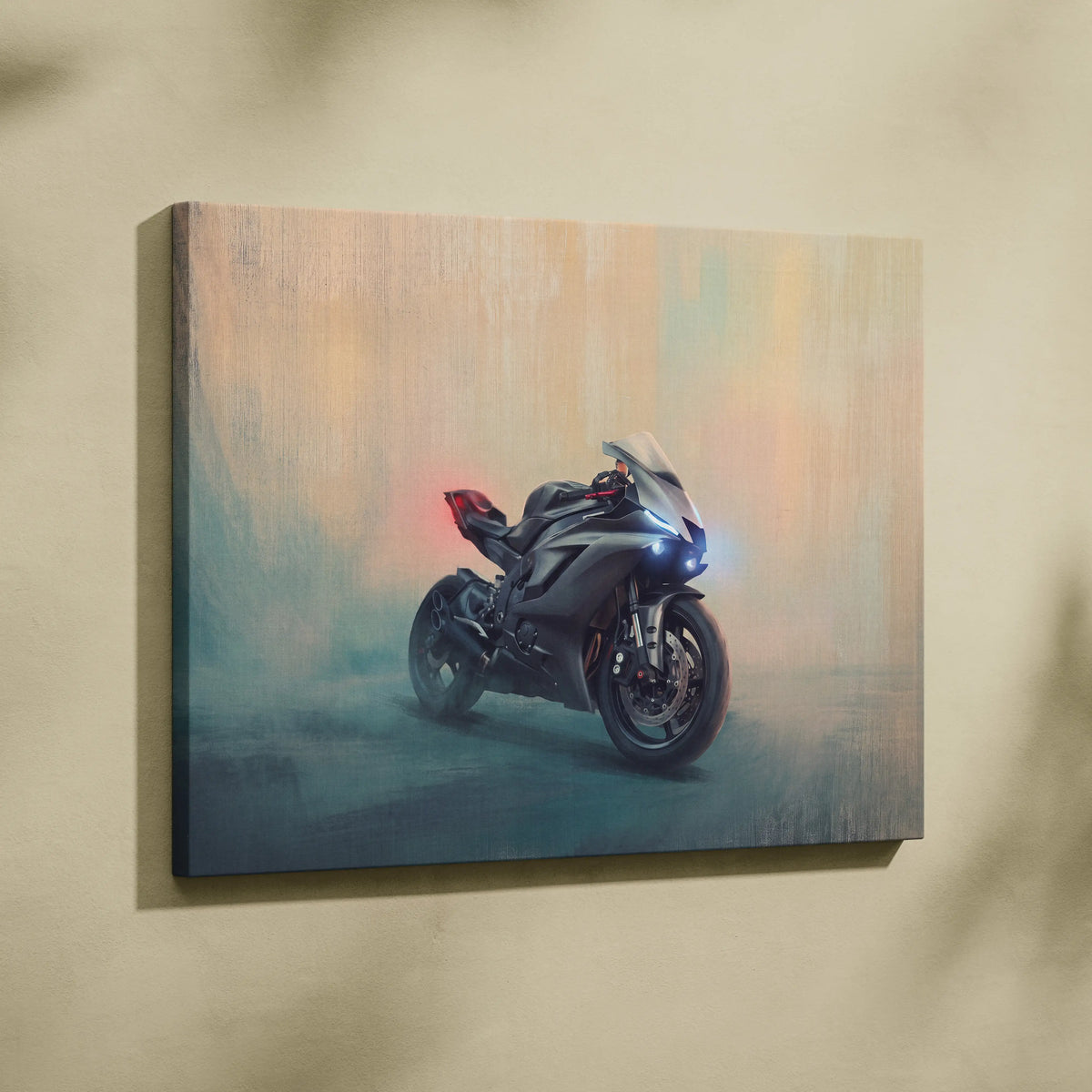 Black and silver Yamaha R6 inspired motorcycle wall art on canvas featuring carbon fiber poster design for rider gift
