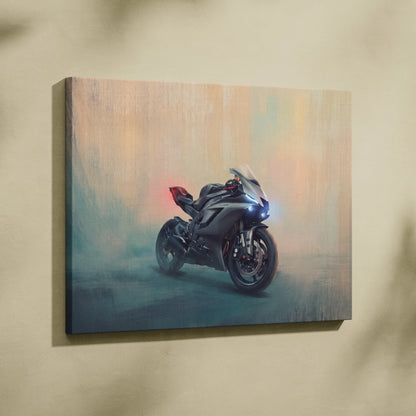 Black and silver Yamaha R6 inspired motorcycle wall art on canvas featuring carbon fiber poster design for rider gift