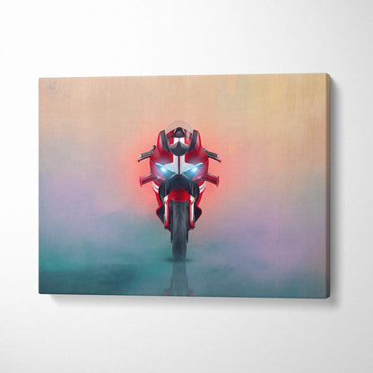 Red and black ducati panigale v4 inspired supersport motorcycle canvas art with glowing blue headlights for racing decor
