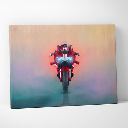 Ducati Panigale V4 inspired red and white racing motorcycle canvas print with glowing headlights wall art decor