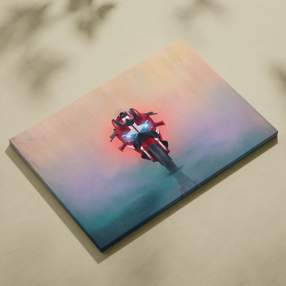 Red and black ducati panigale v4 inspired supersport motorcycle canvas art with glowing blue headlights and gradient sky background