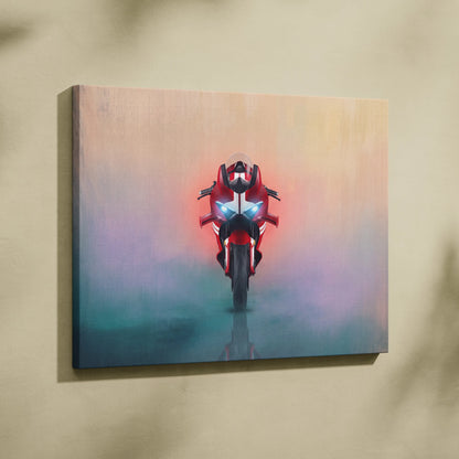 Ducati Panigale V4 inspired supersport wall art featuring red and white motorcycle canvas print with glowing blue headlights