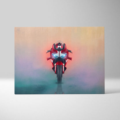 Red and black ducati panigale v4 inspired supersport racing motorcycle canvas art with glowing blue headlights