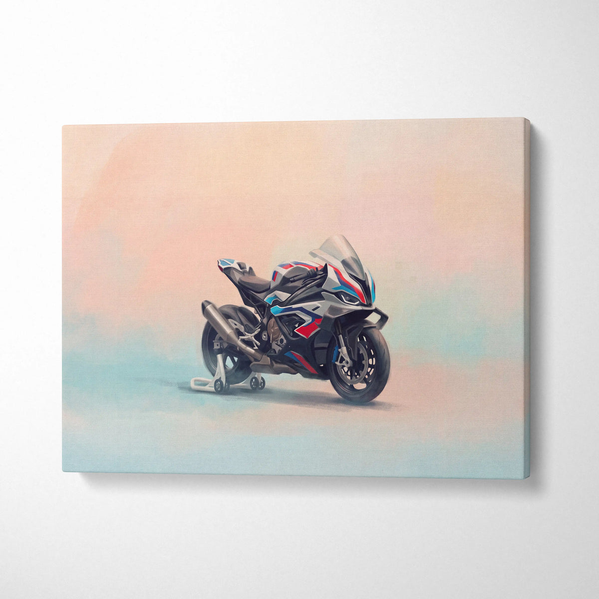 A sleek black red and blue bmw m1000rr inspired motorcycle wall art on canvas for track day garage decor