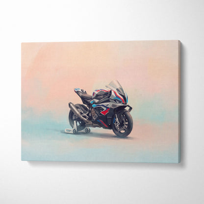 A sleek black red and blue bmw m1000rr inspired motorcycle wall art on canvas for track day garage decor