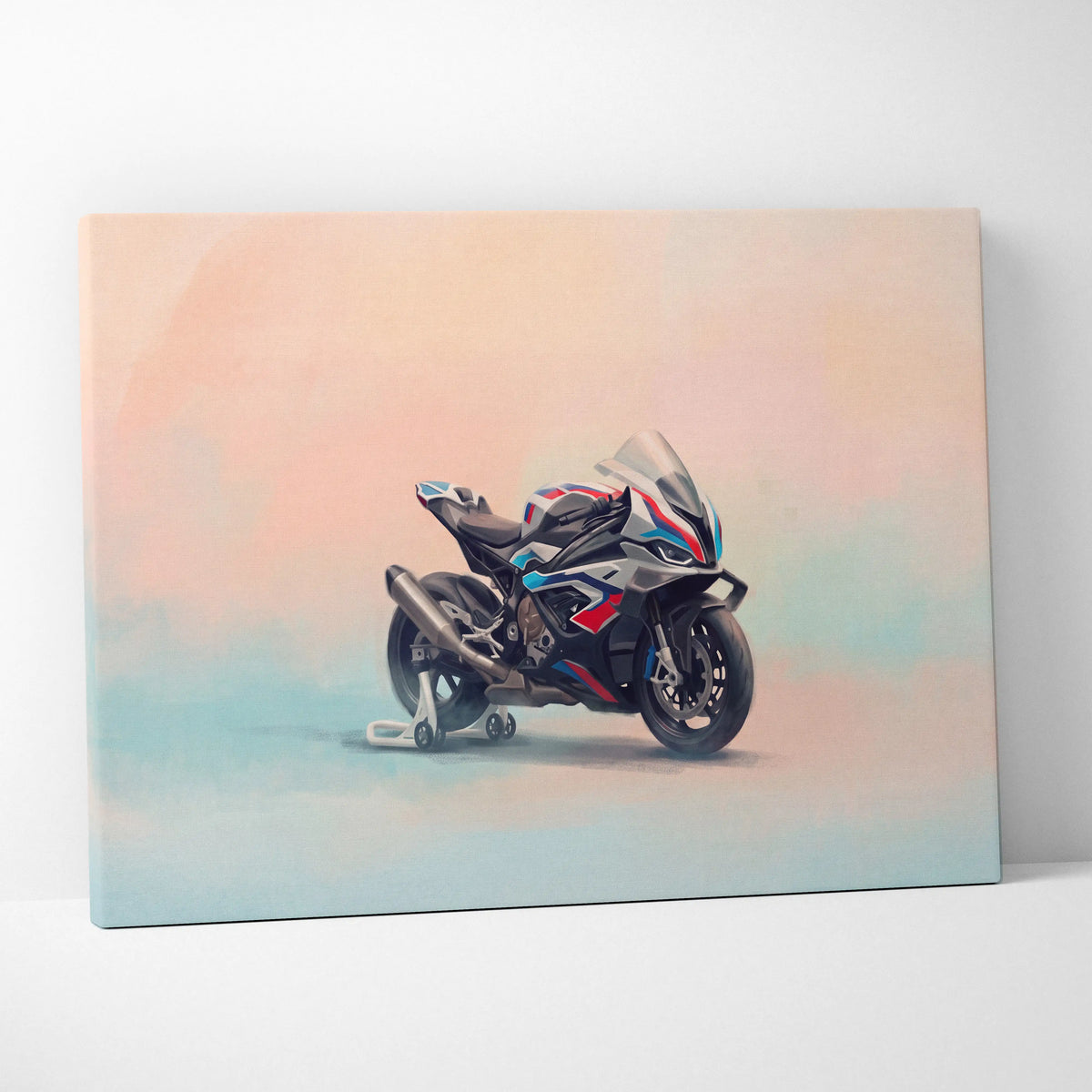 Bmw m1000rr inspired motorcycle wall art featuring a sleek black and silver superbike with red and blue racing stripes