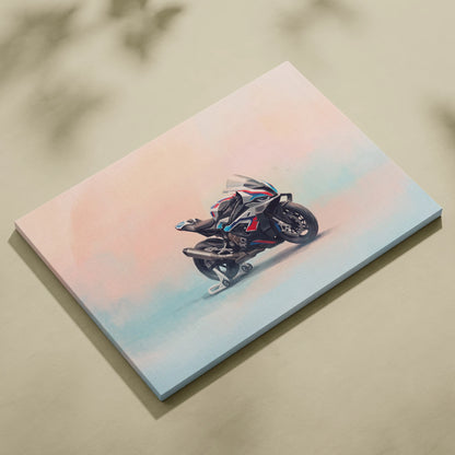 A sleek modern BMW M1000RR inspired motorcycle canvas with soft pastel gradient background for garage decor