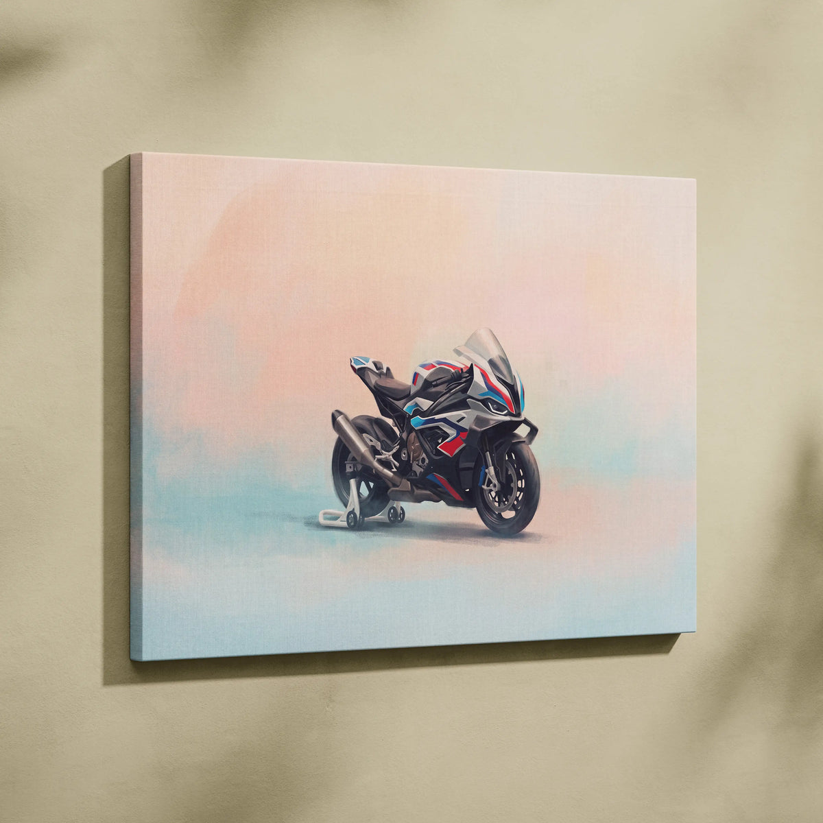 A vibrant digitally rendered bmw m1000rr motorcycle portrait on stretched canvas for garage and track day decor