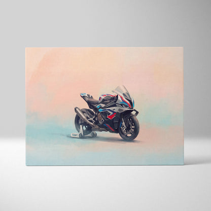 A sleek silver and blue bmw m1000rr inspired motorcycle watercolor wall art with red accents for track day garage decor