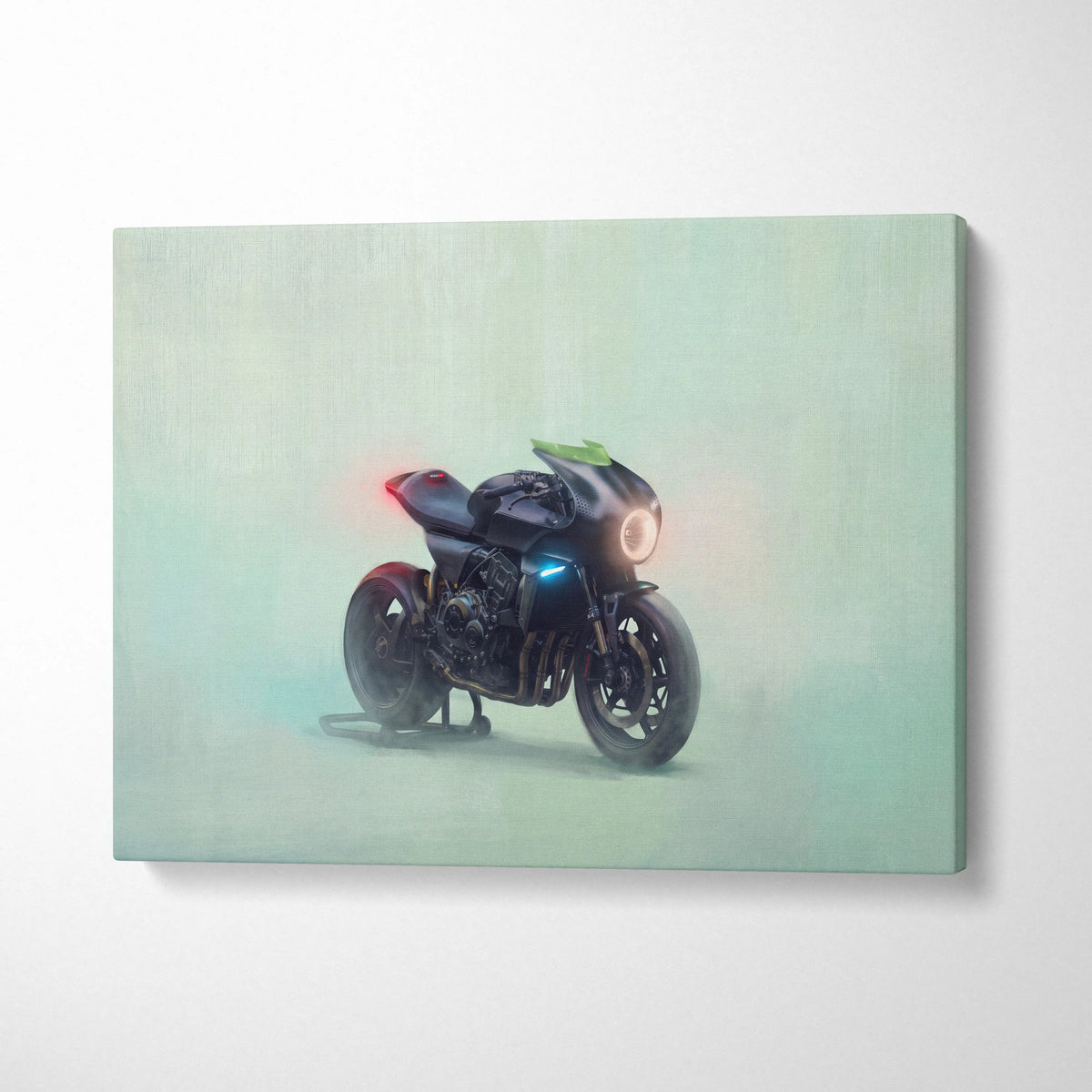 Custom honda cb1000r inspired black motorcycle canvas print with glowing blue and red lights neo cafe racer art