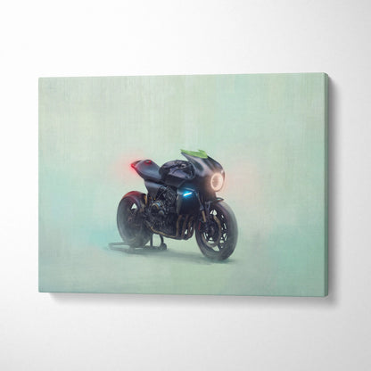 Custom honda cb1000r inspired black motorcycle canvas print with glowing blue and red lights neo cafe racer art
