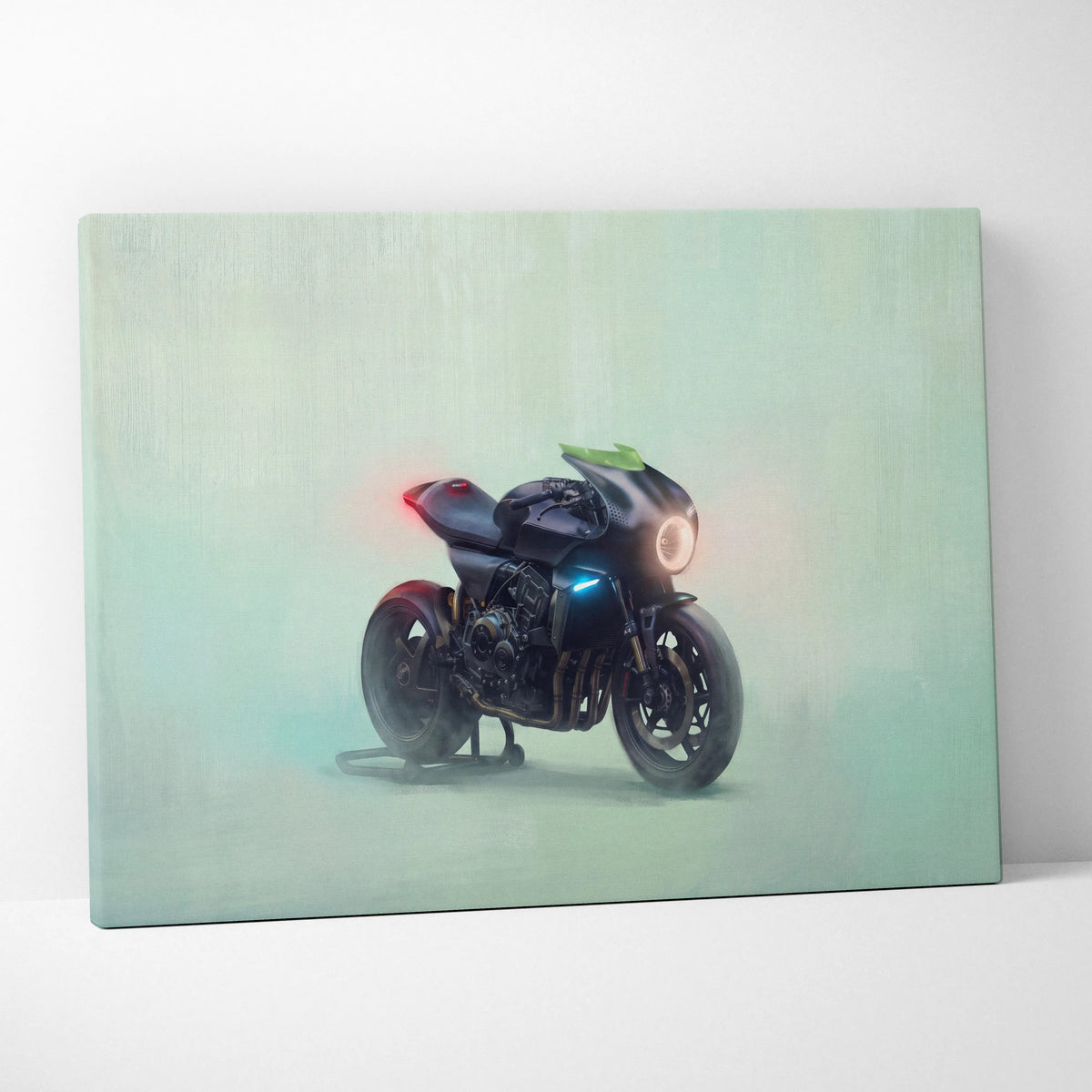 Custom honda cb1000r inspired motorcycle wall art featuring a sleek black neo cafe racer with glowing blue and red lights on canvas