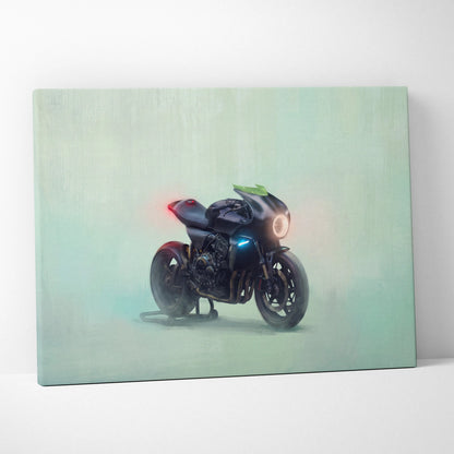 Custom honda cb1000r inspired motorcycle wall art featuring a sleek black neo cafe racer with glowing blue and red lights on canvas