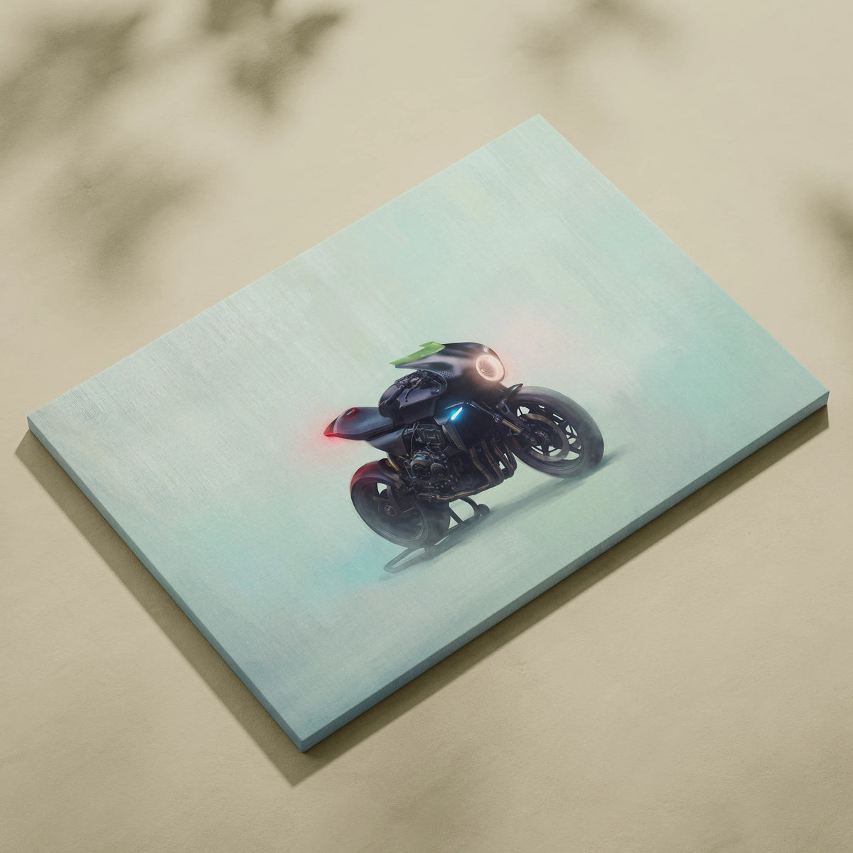 Custom honda cb1000r inspired wall art featuring a sleek black motorcycle with glowing blue and red lights on teal canvas