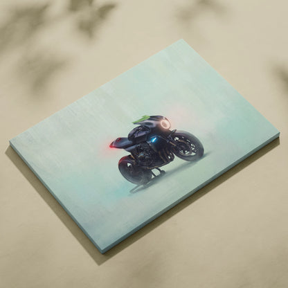 Custom honda cb1000r inspired wall art featuring a sleek black motorcycle with glowing blue and red lights on teal canvas