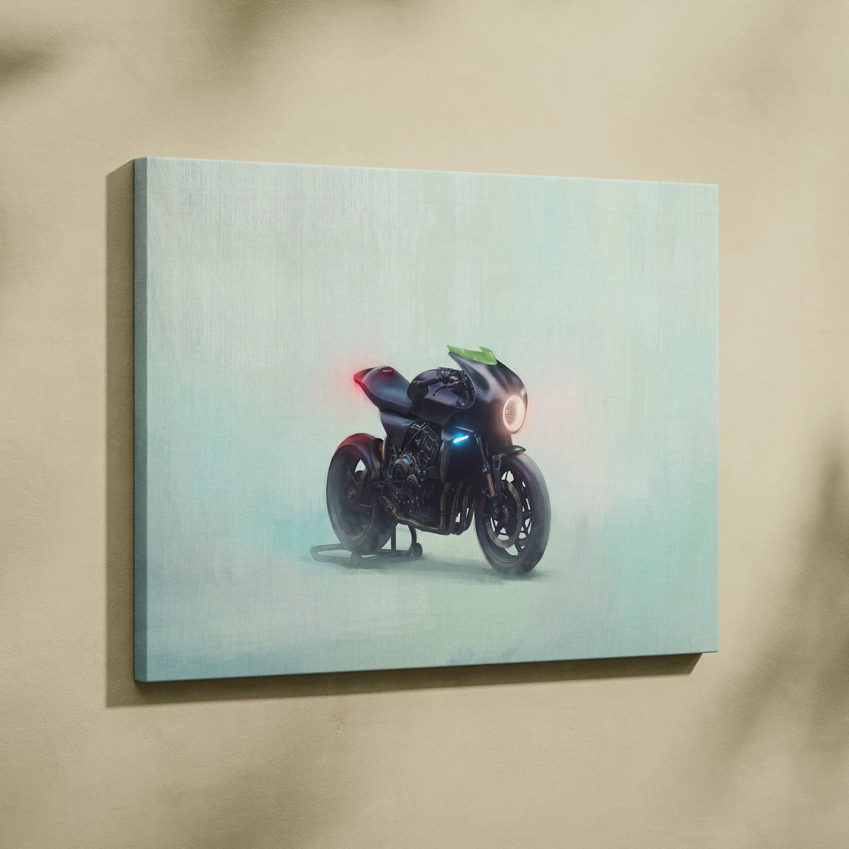 Custom honda cb1000r inspired motorcycle wall art featuring black neo cafe racer painting with glowing red and blue lights