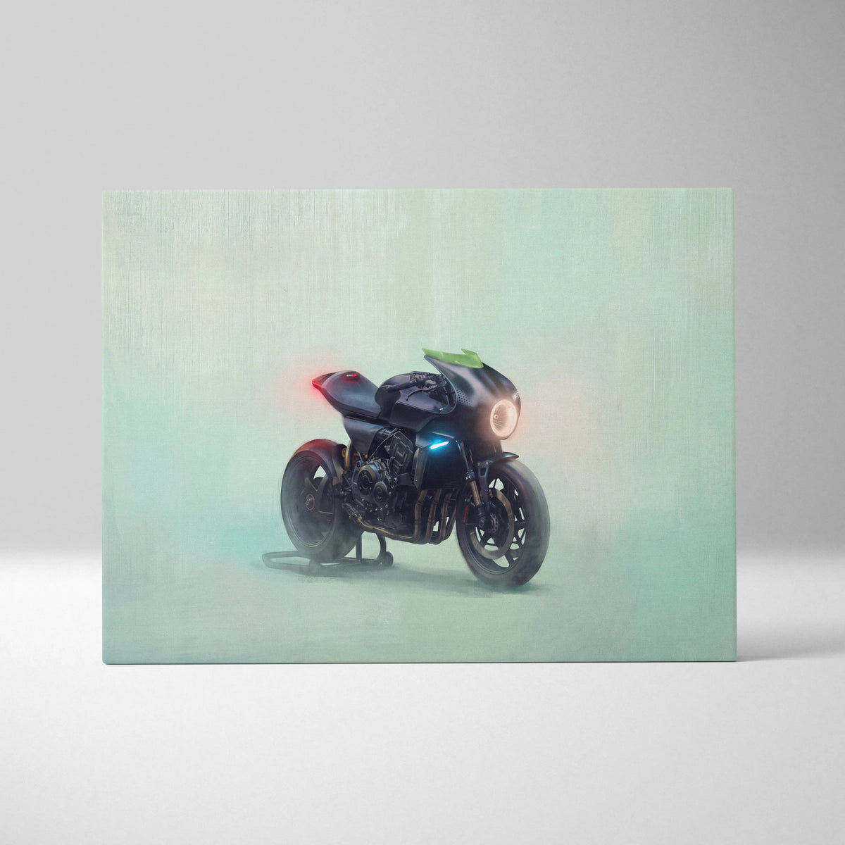 Custom honda cb1000r inspired sleek black motorcycle wall art with glowing blue and red lights neo cafe racer print