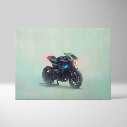 Custom honda cb1000r inspired sleek black motorcycle wall art with glowing blue and red lights neo cafe racer print
