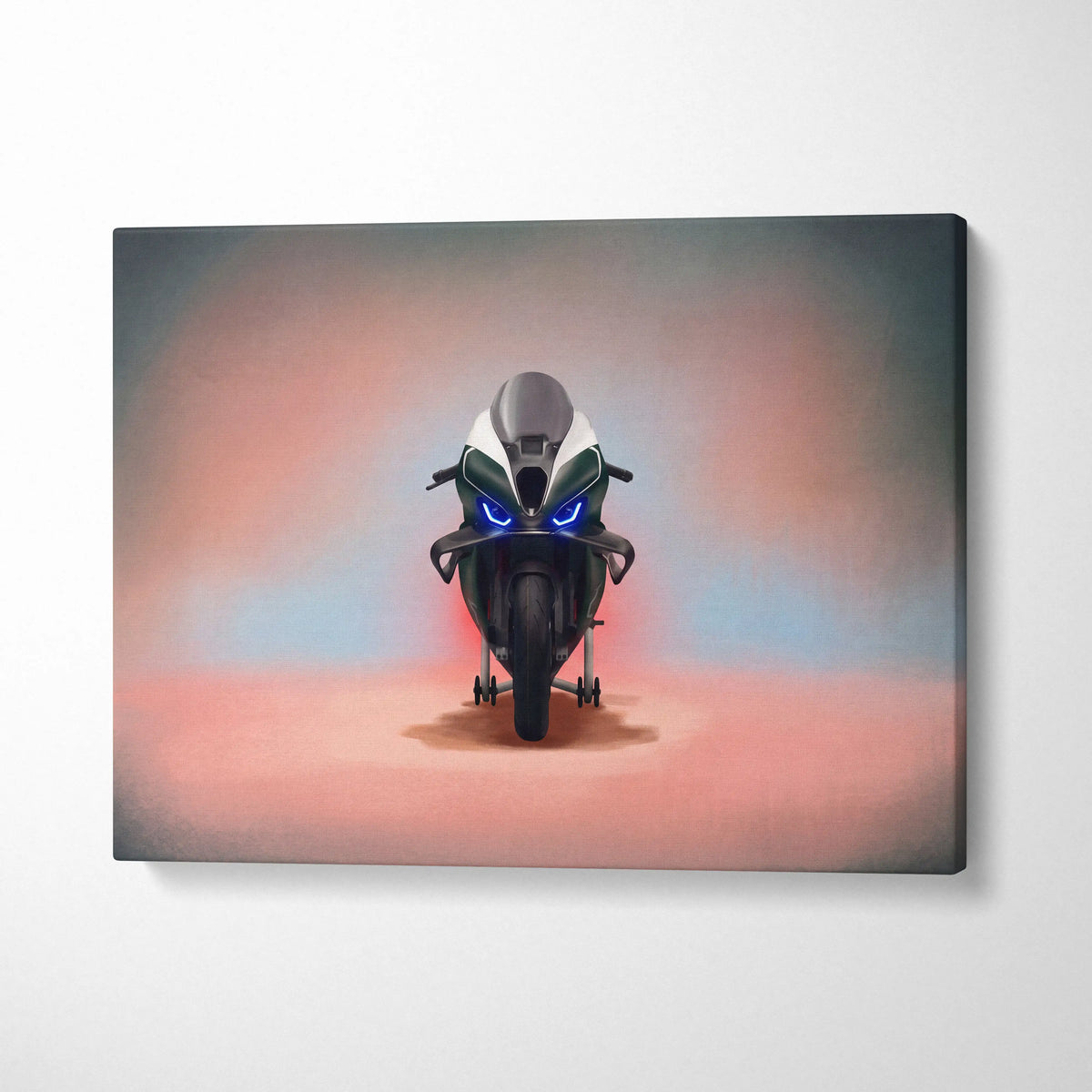A sleek black and white BMW M1000RR Isle of Man TT edition racing motorcycle with glowing blue headlights on canvas print