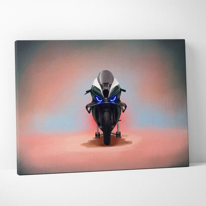 A sleek black and white BMW M1000RR Isle of Man TT edition motorcycle wall art with glowing blue headlights on canvas