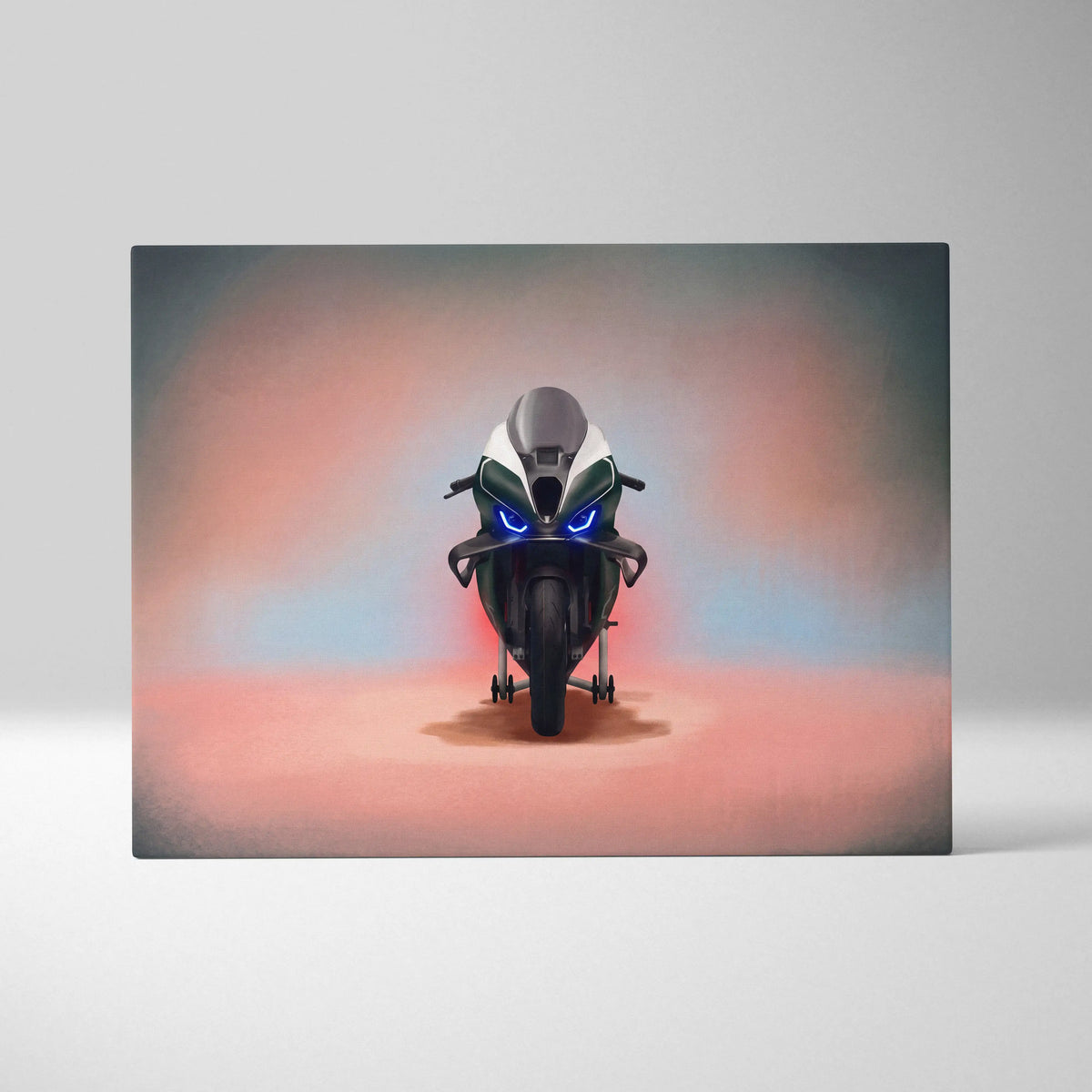 Bmw m1000rr isle of man tt edition inspired sport motorcycle canvas print with white and black bike and blue headlights