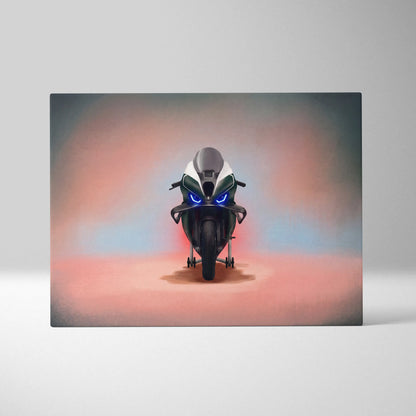 Bmw m1000rr isle of man tt edition inspired sport motorcycle canvas print with white and black bike and blue headlights