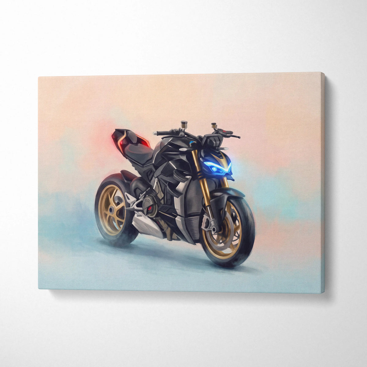 Black and gold Ducati Streetfighter V4 canvas print with glowing blue headlights for luxury garage decor