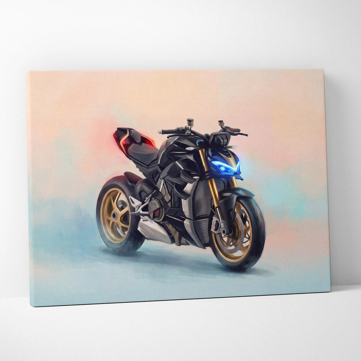 Ducati Streetfighter V4 inspired supersport wall art featuring black and gold hypernaked motorcycle with glowing blue headlights and red seat accents on canvas for luxury garage decor