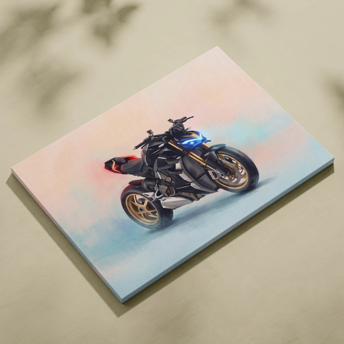 A sleek black and gold ducati streetfighter v4 inspired supersport canvas with glowing blue headlights and red accents