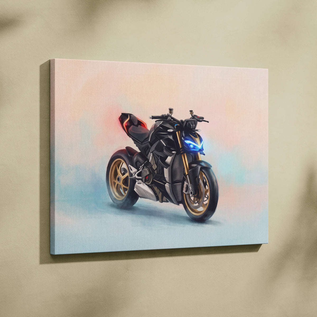 Ducati streetfighter v4 inspired supersport wall art featuring black and gold motorcycle painting with glowing blue headlights on canvas