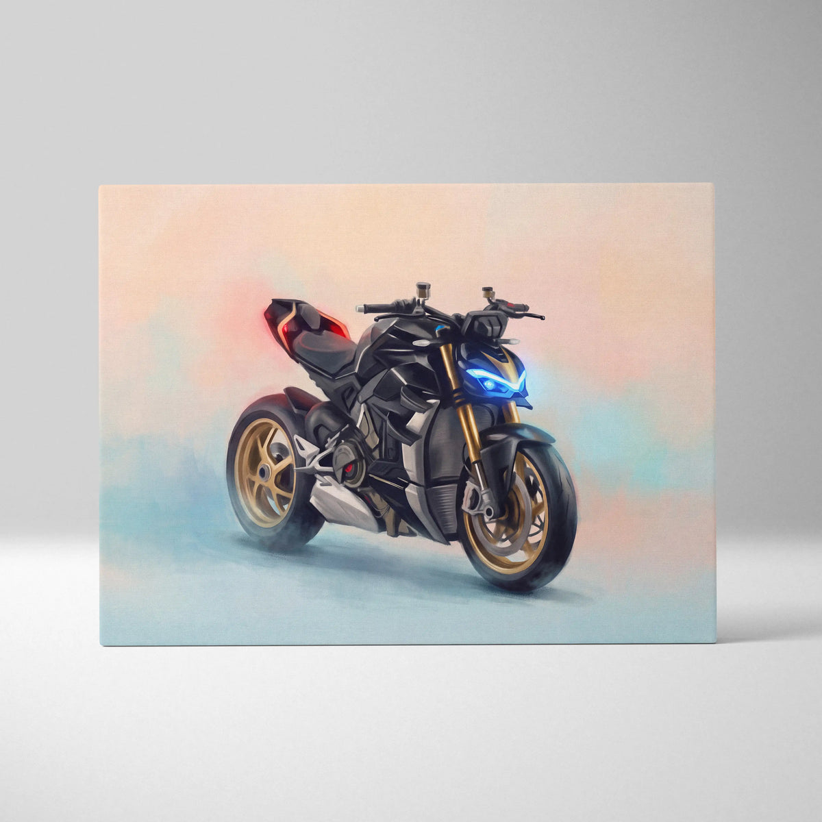 Black and gold ducati streetfighter v4 inspired supersport wall art with glowing blue headlights on hypernaked canvas