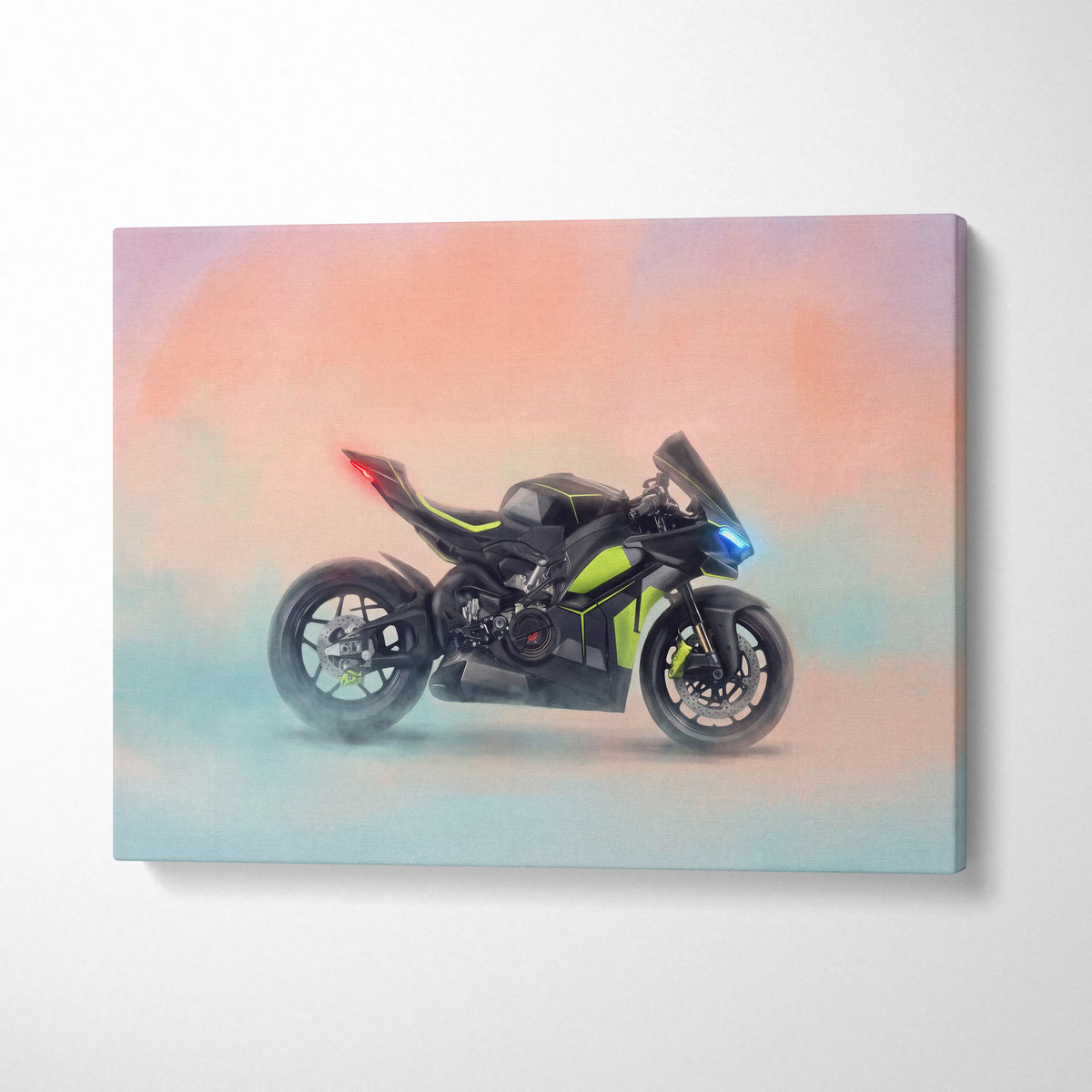 Ducați panigale v4 lamborghini inspired sport bike canvas print featuring black and neon green motorcycle with blue headlights