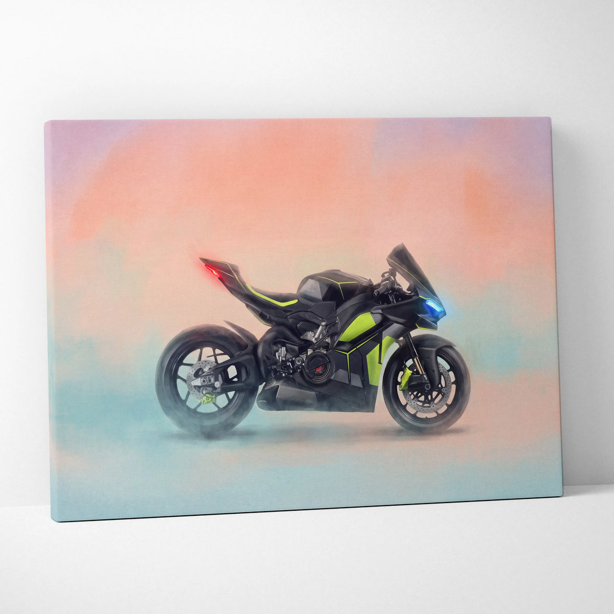 Black and neon green ducati panigale v4 lamborghini inspired sport motorcycle canvas wall art print