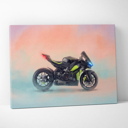 Black and neon green ducati panigale v4 lamborghini inspired sport motorcycle canvas wall art print