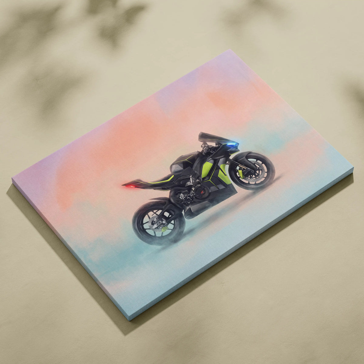 Black and neon green ducati panigale v4 lamborghini inspired metallic superbike print on pastel gradient canvas