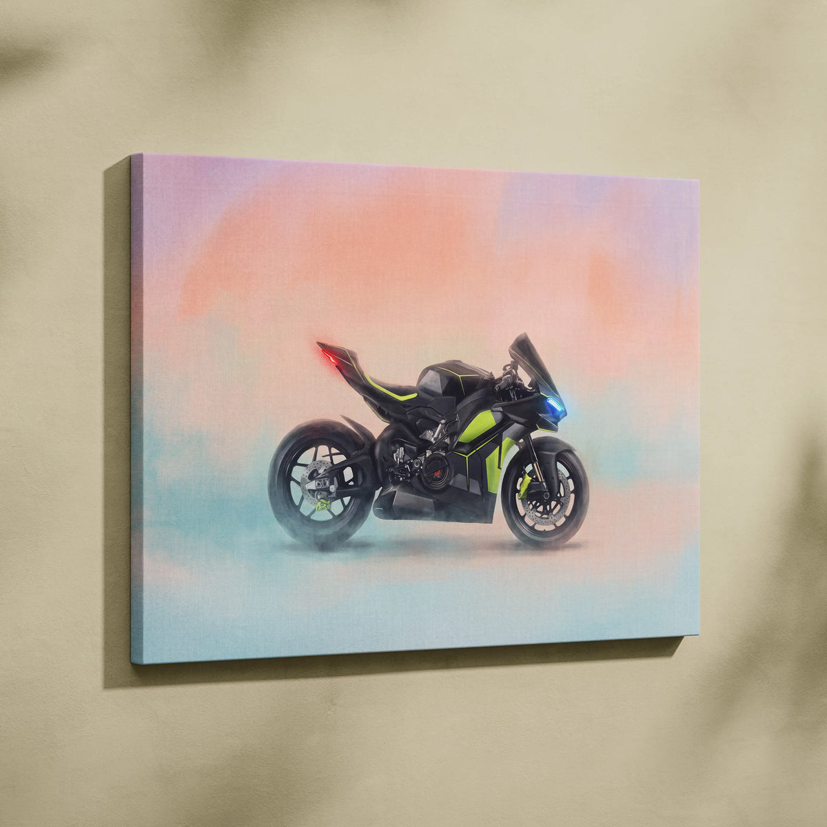 Ducati Panigale V4 Lamborghini inspired black and neon green sport motorcycle canvas print with glowing lights against pastel background