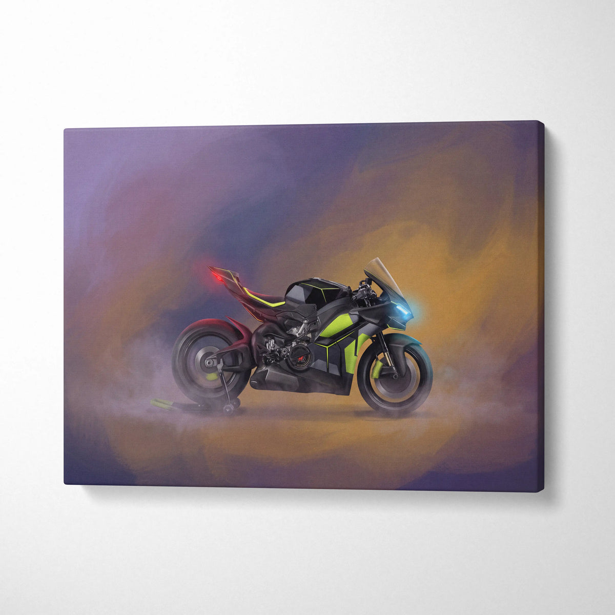 Vibrant neon green and black Ducati Panigale V4 Lamborghini inspired supersport canvas print with glowing lights