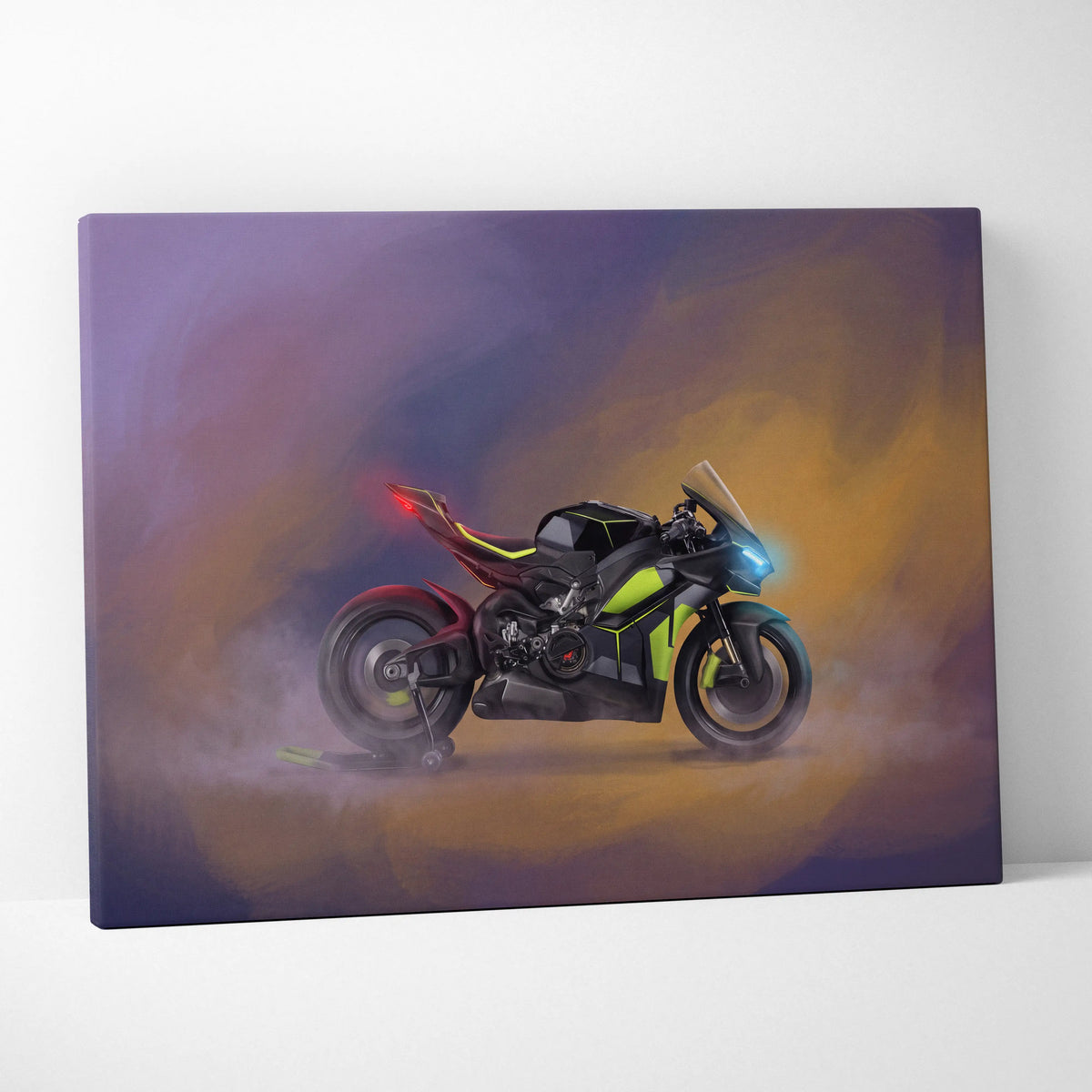 A sleek black and neon green Ducati Panigale V4 Lamborghini inspired supersport motorcycle print on canvas wall art
