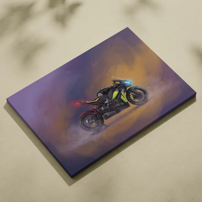 A vibrant digital artwork of a futuristic Ducati Panigale V4 with glowing lights on stretched canvas wall art