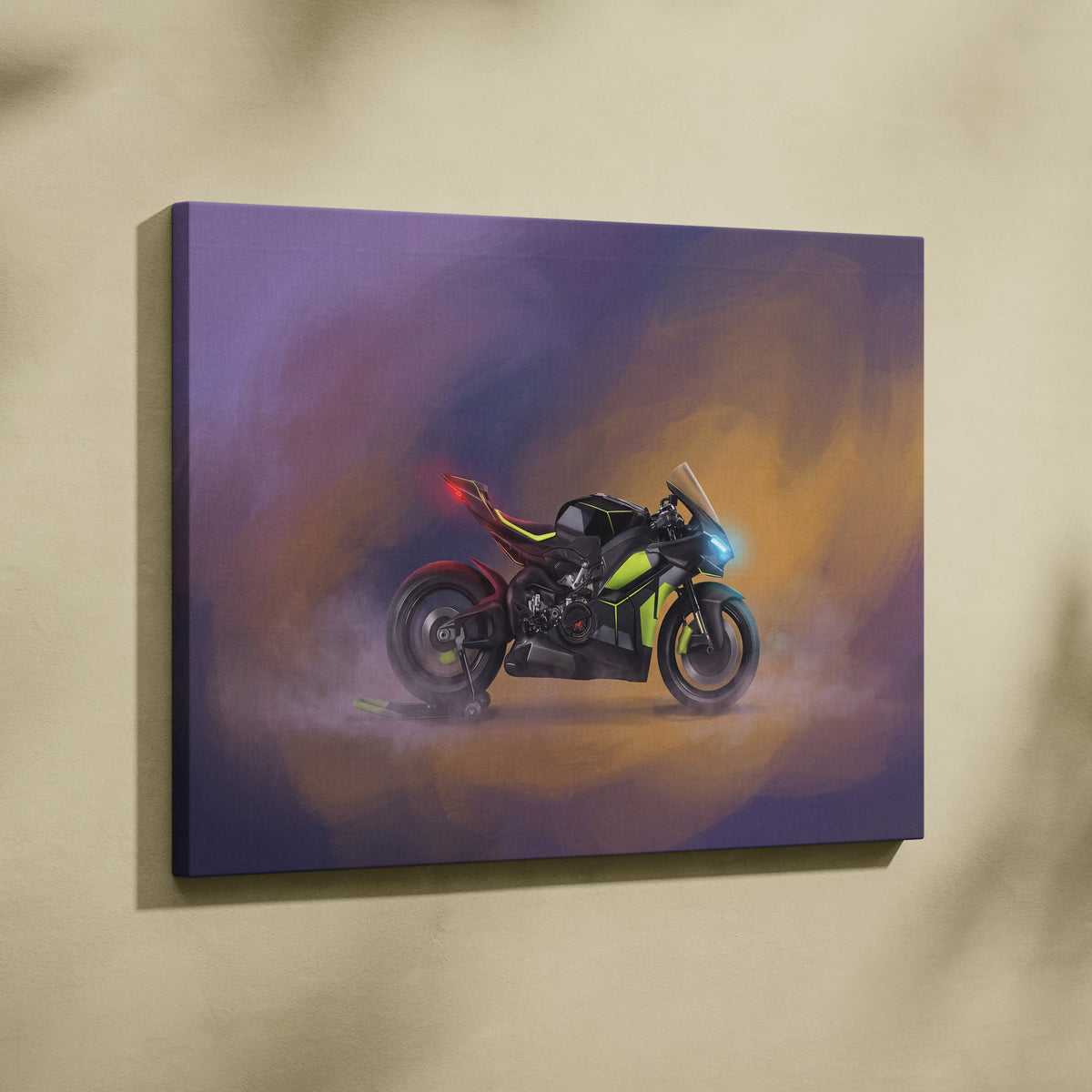 A vibrant digital artwork canvas of a Ducati Panigale V4 with black neon green and glowing blue headlights wall art