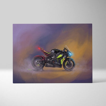 A sleek black and neon green ducati panigale v4 lamborghini inspired sport motorcycle print with red accents on purple orange background