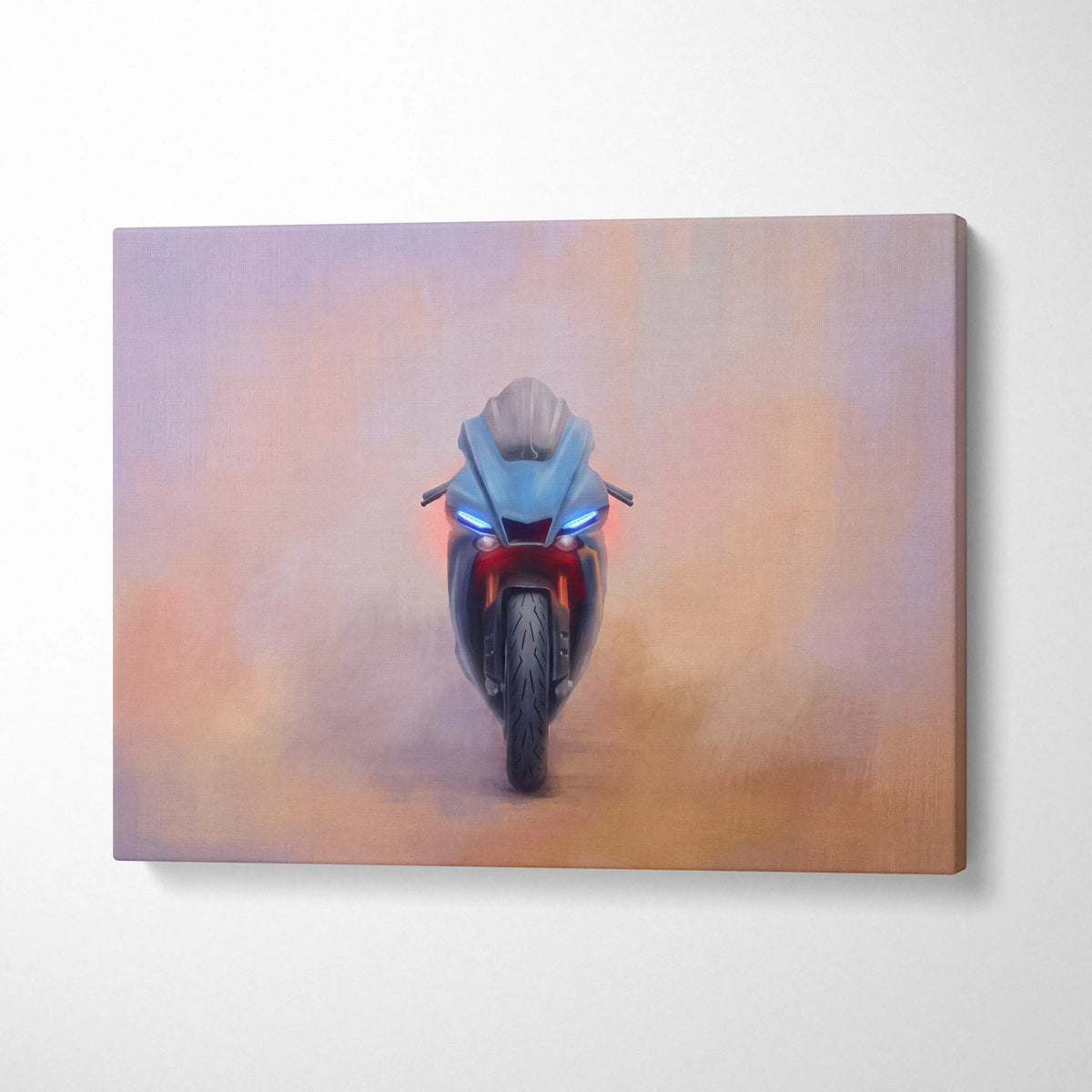 A canvas print of a sleek blue and red yamaha r1 inspired sport motorcycle with glowing headlights on a soft gradient background