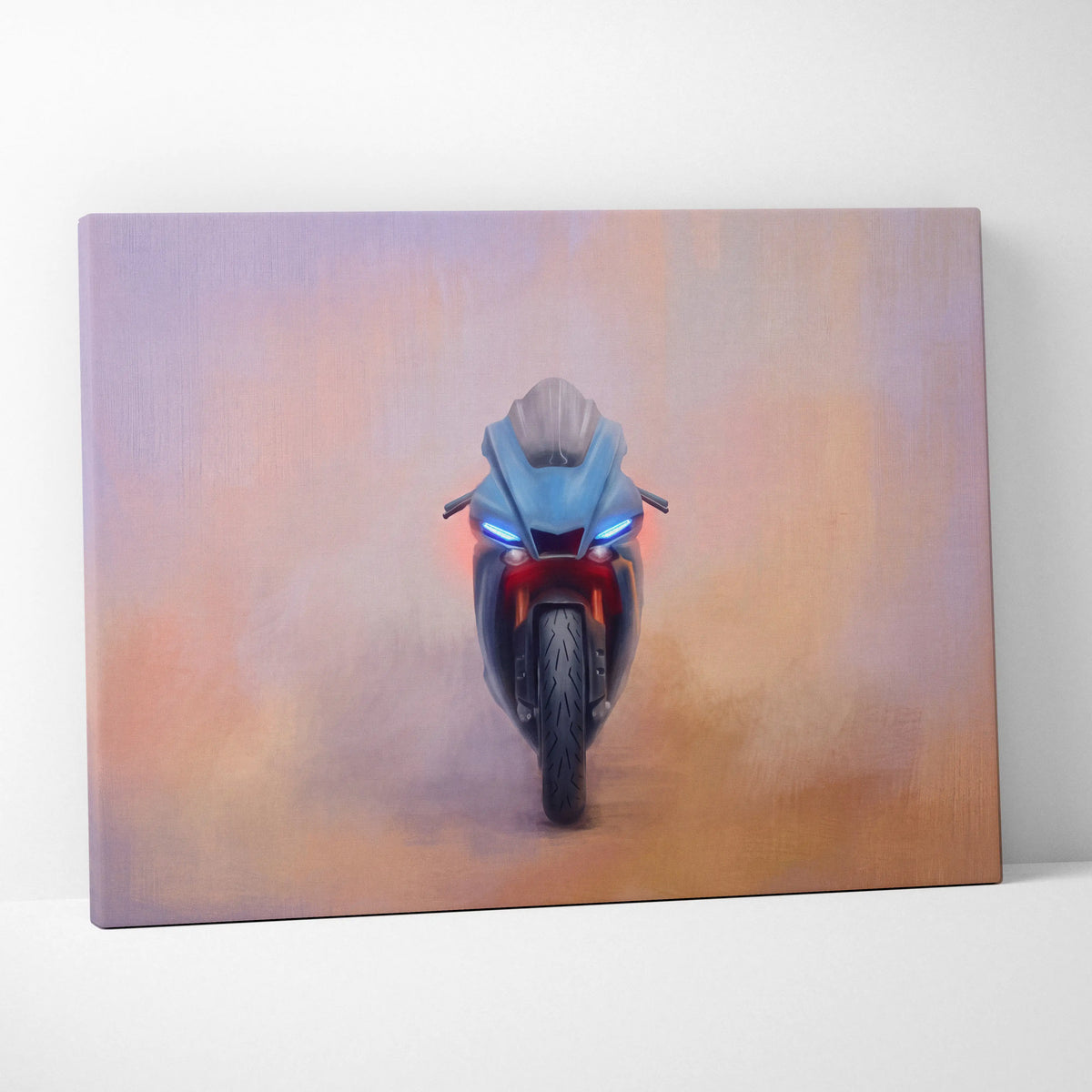 A sleek light blue yamaha r1 inspired supersport motorcycle with glowing headlights on a canvas wall art decor