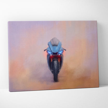 A sleek light blue yamaha r1 inspired supersport motorcycle with glowing headlights on a canvas wall art decor