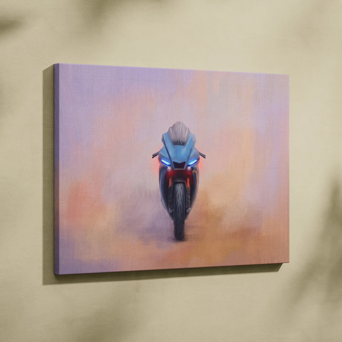 A canvas print of a Yamaha R1 inspired supersport motorcycle in blue and red with glowing headlights on pink purple background