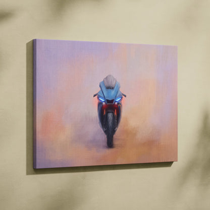 A canvas print of a Yamaha R1 inspired supersport motorcycle in blue and red with glowing headlights on pink purple background