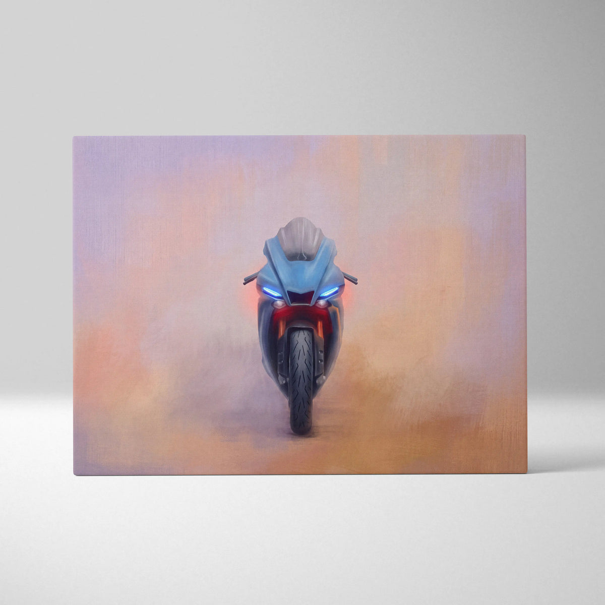 A sleek light blue Yamaha R1 inspired supersport motorcycle with glowing headlights on a stylized canvas wall art