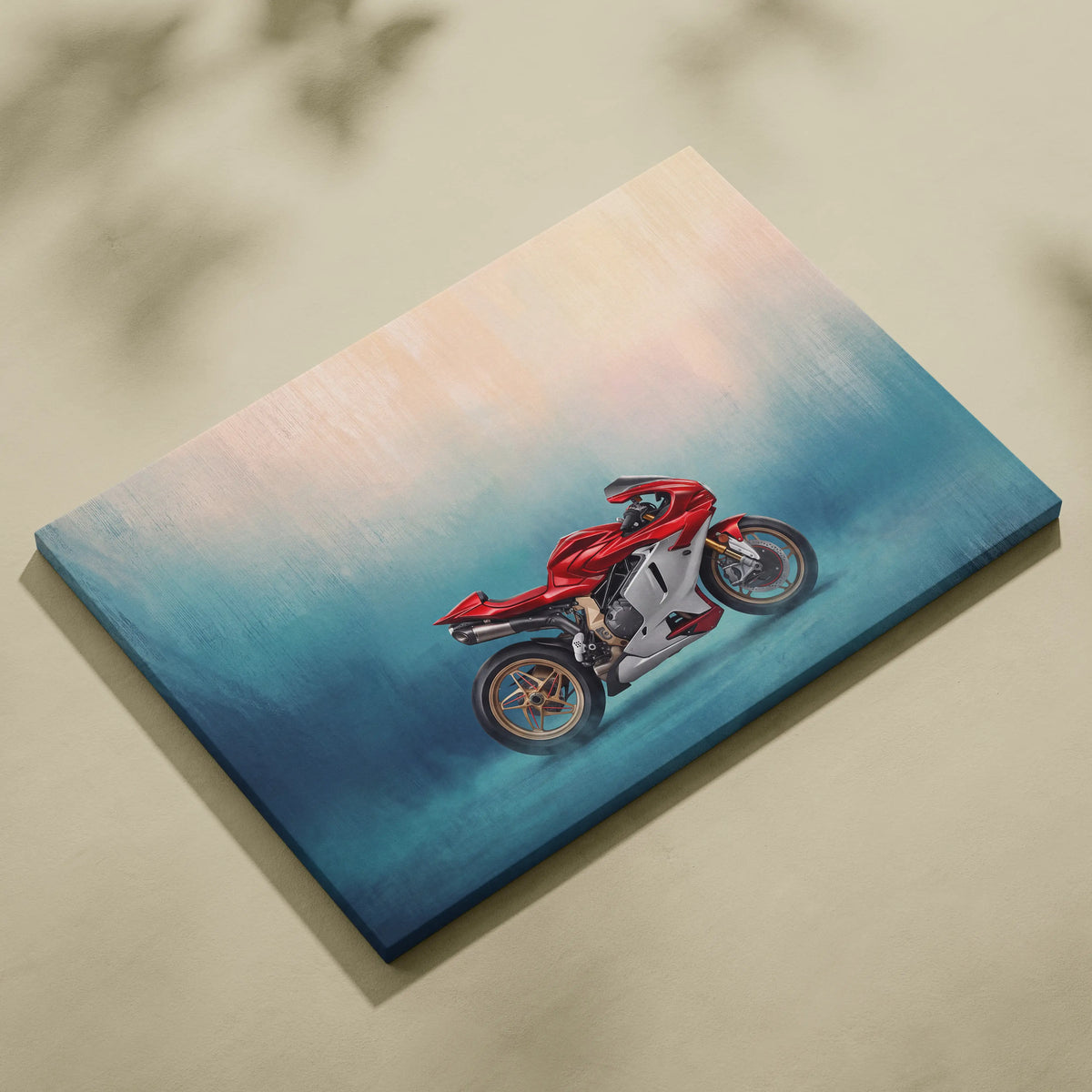 Red and silver mv agusta superveloce inspired canvas art with gradient blue and peach background for garage decor